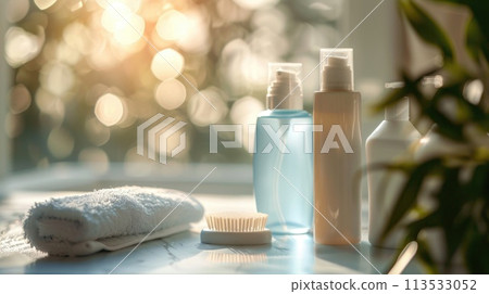 Spa treatments: lotions, creams, wellness supplies, beautiful items with bottles mockup for banner, copy space, showcasing luxurious skincare and relaxation products in elegant presentations. Spa treatments: lotions, creams, wellness supplies, beautiful items with bottles mockup for banner, copy space, showcasing luxurious skincare and relaxation products in elegant presentations. 113533052