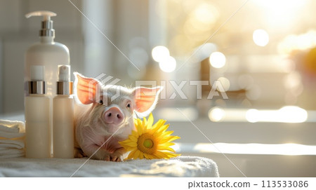 Adorable spa pig: cute and pampered pig enjoying relaxing spa treatments, a charming and delightful scene of animal wellness and indulgence, perfect for showcasing relaxation and cuteness Adorable spa pig: cute and pampered pig enjoying relaxing spa treatments, a charming and delightful scene of animal wellness and indulgence, perfect for showcasing relaxation and cuteness 113533086