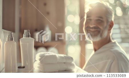 Serene spa indulgence, a glamorous older man luxuriates in a tranquil spa setting, embodying body and facial care, surrounded by health-enhancing lotions and wellness items for ultimate relaxation Serene spa indulgence, a glamorous older man luxuriates in a tranquil spa setting, embodying body and facial care, surrounded by health-enhancing lotions and wellness items for ultimate relaxation 113533089