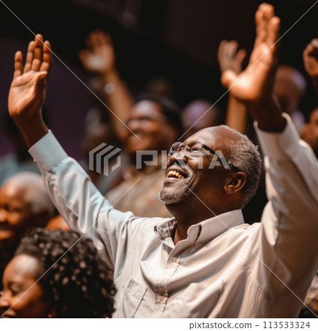 Capturing divine moments: church worship concept Christians, raised hands, earnestly pray and worship to cross in the sacred ambiance of a church building, expressing faith and spiritual connection. Capturing divine moments: church worship concept Christians, raised hands, earnestly pray and worship to cross in the sacred ambiance of a church building, expressing faith and spiritual connection. 113533324