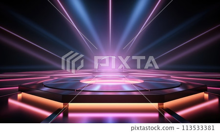 Electrifying stage: mesmerizing scenes LED panels, holographic displays, laser lights, ample copy space, dynamic banners, creating visual symphony for immersive events and cutting-edge presentations. 113533381
