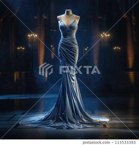 Elegance unveiled: a captivating display of a beautiful, luxurious evening gown gracefully adorning a mannequin, epitomizing timeless style and opulence for a glamorous and chic affair 113533383