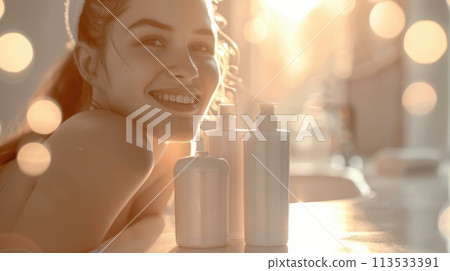 Spa treatments: lotions, creams, wellness supplies, beautiful items with bottles mockup for banner, copy space, showcasing luxurious skincare and relaxation products in elegant presentations. Spa treatments: lotions, creams, wellness supplies, beautiful items with bottles mockup for banner, copy space, showcasing luxurious skincare and relaxation products in elegant presentations. 113533391