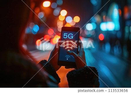Text 5G, fifth generation of cellular technology, faster data speeds, lower latency, enhanced connectivity, and supports massive IoT deployments, revolutionizing communication 113533656