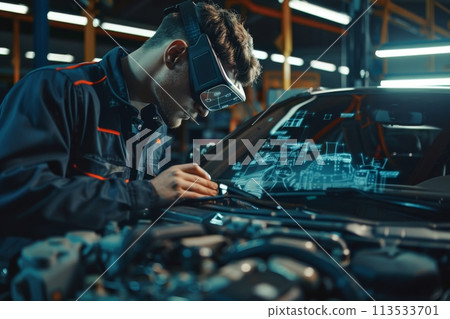 Mechanic engineer uses advanced electronic equipment to diagnose a car in a modern workshop 113533701