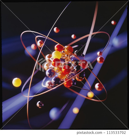 Atomic dance: subatomic realm, electrons, neutrons, and protons orbit a fixed nucleus in a model empty space within atoms, showcasing set, predictable paths in the intricate world of particle physics 113533702