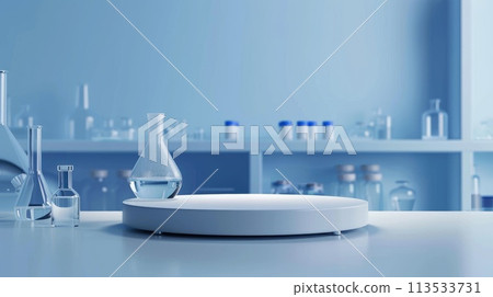 Pharmacology medicine stand mockup, empty podium on table with banner and copy space, showcasing pharmaceutical products, research, and innovation in the healthcare industry. 113533731