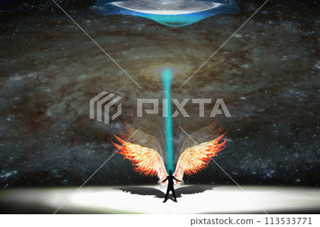 Angel and the Universe. Icarus.The Center of attention is a man with wings, behind whom the Universe is visible. Angel and the Universe. Icarus.The Center of attention is a man with wings, behind whom the Universe is visible. 113533771