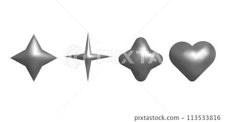 3D shapes in Y2k style metal element. Heart and stars. Set for banner poster design web design. Vector illustration. 3D shapes in Y2k style metal element. Heart and stars. Set for banner poster design web design. Vector illustration. 113533816