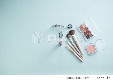 Eyeshadow palette, eyelash curler, makeup brush, lipstick and blush Eyeshadow palette, eyelash curler, makeup brush, lipstick and blush 113533917