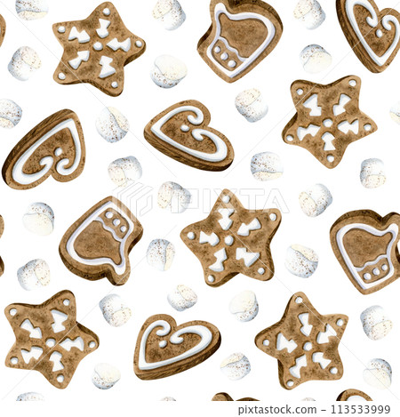 Gingerbread cookies of snowflakes, heart and mitten shape with white marshmallow Christmas seamless pattern on white background for New Year festive and delicious designs Gingerbread cookies of snowflakes, heart and mitten shape with white marshmallow Christmas seamless pattern on white background for New Year festive and delicious designs 113533999