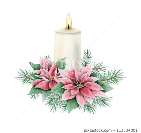 Christmas burning candle with pink poinsettia flowers and fir tree branches watercolor isolated illustration for New Year holiday greeting cards in realistic style and vintage colors Christmas burning candle with pink poinsettia flowers and fir tree branches watercolor isolated illustration for New Year holiday greeting cards in realistic style and vintage colors 113534001