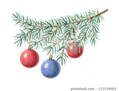 Red and blue Christmas balls ornaments on fir branch watercolor illustration isolated on white background. Hand drawn green spruce tree with hanging decorations for winter holidays greeting card Red and blue Christmas balls ornaments on fir branch watercolor illustration isolated on white background. Hand drawn green spruce tree with hanging decorations for winter holidays greeting card 113534003