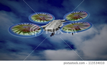 Drone with optical camera.A flying drone with rotating blades on a striped, white and blue background. Drone with optical camera.A flying drone with rotating blades on a striped, white and blue background. 113534010