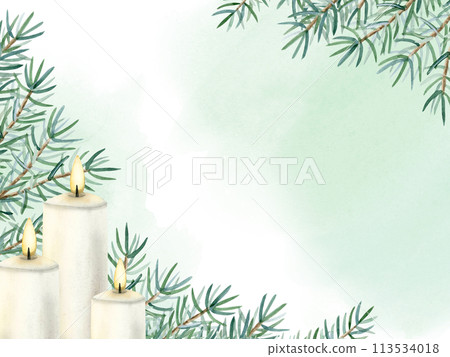 Christmas card horizontal template with white candles and fir branches on green watercolor splash background. Hand drawn illustration banner for winter holiday season and New year designs Christmas card horizontal template with white candles and fir branches on green watercolor splash background. Hand drawn illustration banner for winter holiday season and New year designs 113534018