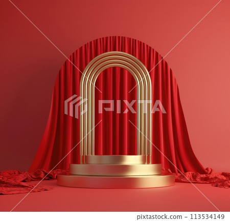 Versatile display: an empty podium, banner, and stand with ample copy space, offering a blank canvas for showcasing products, advertising, presentations, and versatile marketing opportunities. 113534149