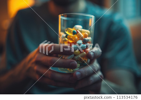 Health essentials: tablets, pills, and medicine providing diverse options for wellness and medical care, pharmaceutical for daily health needs and well-being. 113534176