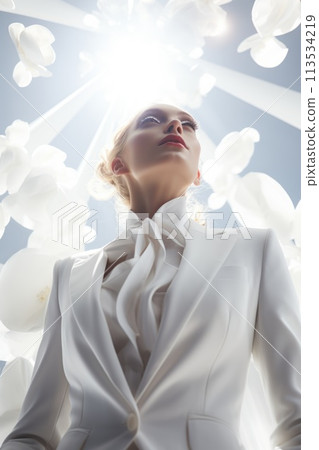 Elegance beautiful woman in business suit, tuxedo for wedding, blending professionalism with timeless bridal chic, embodying grace, style, sophistication for stunning celebration or meeting 113534219