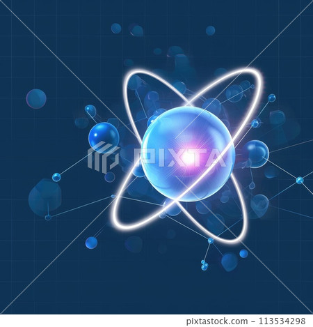 Atomic dance: subatomic realm, electrons, neutrons, and protons orbit a fixed nucleus in a model empty space within atoms, showcasing set, predictable paths in the intricate world of particle physics 113534298