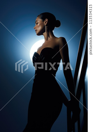 Captivating elegance: a beautiful girl strikes poses in gorgeous evening gown, embodying grace, style, and timeless beauty, creating a stunning visual narrative for fashion, glamour, and celebration. 113534315