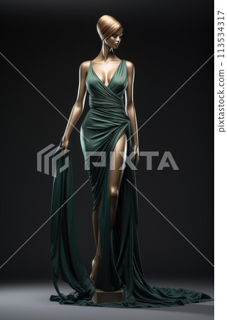Elegance unveiled: a captivating display of a beautiful, luxurious evening gown gracefully adorning a mannequin, epitomizing timeless style and opulence for a glamorous and chic affair 113534317