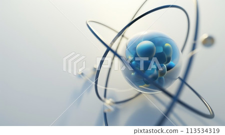 Atomic dance: subatomic realm, electrons, neutrons, and protons orbit a fixed nucleus in a model empty space within atoms, showcasing set, predictable paths in the intricate world of particle physics 113534319