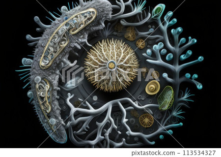 In the microscopic realm, a vibrant microbe dances, form intricate surreal. A symphony of colors shapes, it embodies unseen beauty of microbial world, a tiny marvel thriving in unseen corners of life. 113534327