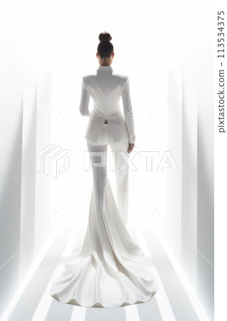Elegance beautiful woman in business suit, tuxedo for wedding, blending professionalism with timeless bridal chic, embodying grace, style, sophistication for stunning celebration or meeting 113534375