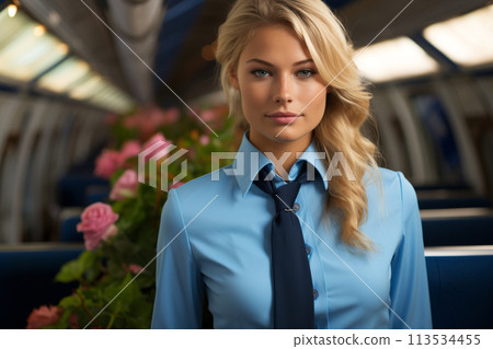 Beautiful portrait of airport worker and airplane and pilot's assistant, flight attendant, gorgeously stylish glamorous , flight stewardess . 113534455