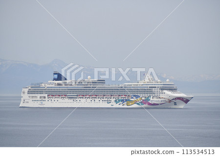 在春霧中拍攝北海道函館市函館灣航行的挪威寶石號遊輪的景色。 113534513