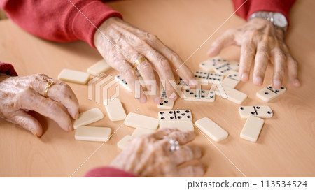Senior people sorting the domino tiles in a geriatric Senior people sorting the domino tiles in a geriatric 113534524