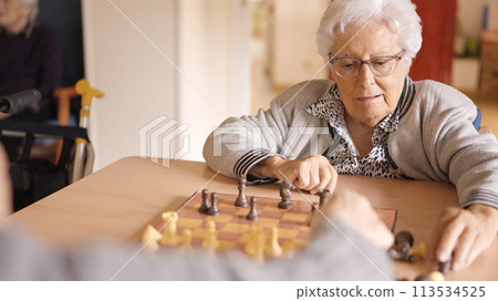 Senior friends playing chess in a nursing home 113534525