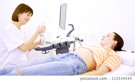 Doctor getting ready for an ultrasound to a pregnant woman Doctor getting ready for an ultrasound to a pregnant woman 113534543