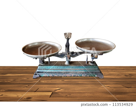 Antique scales in Chinese or Thai herbal pharmacy on wooden table isolated on white background. 113534929