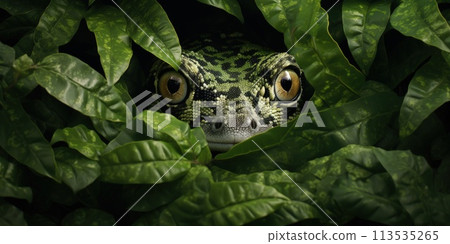 An intimate portrayal of gecko in a front view, expertly camouflaged among the greenery of leaves An intimate portrayal of gecko in a front view, expertly camouflaged among the greenery of leaves 113535265