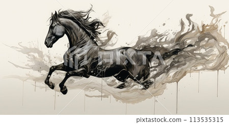 A majestic horse depicted through an ink-dripping drawing, where the flowing ink forms the intricate details of the horse's mane and musculature A majestic horse depicted through an ink-dripping drawing, where the flowing ink forms the intricate details of the horse's mane and musculature 113535315