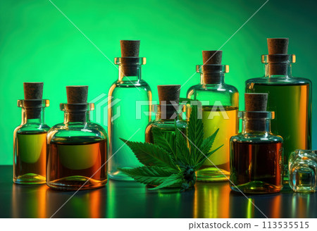 Small glass bottlees with hemp oil with a stopper on a natural backdrop 113535515