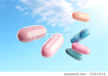 ransparent with shiny colored lollipops or capsules flies against a beautiful pink-blue sky with fluffy clouds. ransparent with shiny colored lollipops or capsules flies against a beautiful pink-blue sky with fluffy clouds. 113535518