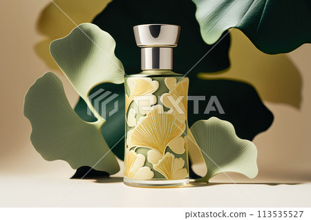 A beautiful glass bottle with herbal perfumes and ginkgo biloba leaves 113535527