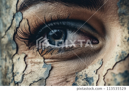 Close-up of the face of a young sad girl with cracked and dirty skin 113535529
