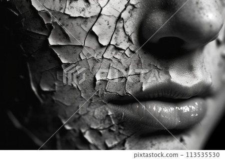 Close-up of the face of a young sad girl with cracked and dirty skin Close-up of the face of a young sad girl with cracked and dirty skin 113535530