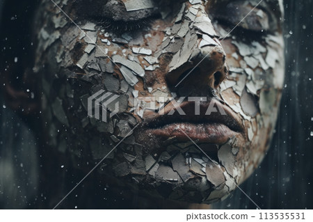 Close-up of the face of a young sad girl with cracked and dirty skin Close-up of the face of a young sad girl with cracked and dirty skin 113535531