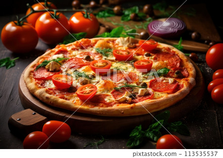Close-up of an appetizing pizza on a wooden stand Close-up of an appetizing pizza on a wooden stand 113535537