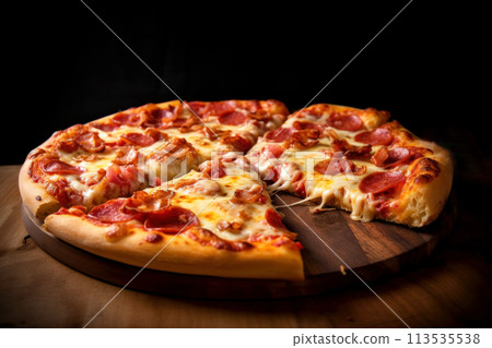 Close-up of an appetizing pizza on a wooden stand Close-up of an appetizing pizza on a wooden stand 113535538