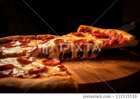 Close-up of an appetizing pizza on a wooden stand Close-up of an appetizing pizza on a wooden stand 113535539
