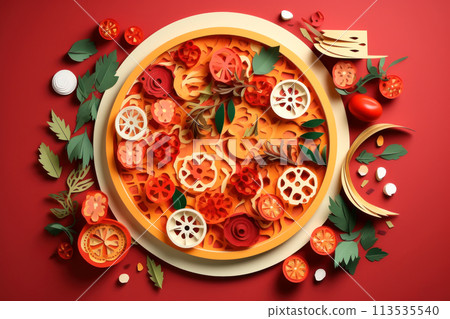 Close-up of an appetizing pizza on a wooden stand 113535540