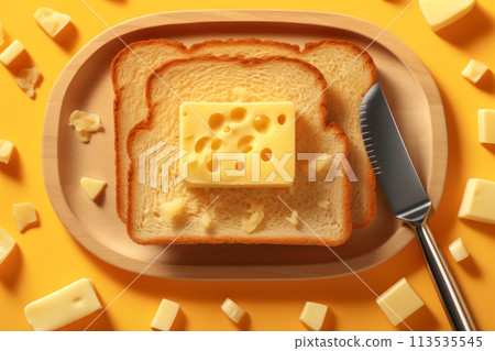 White toast bread with sesame seeds and slices of fresh butter on a wooden stand. 113535545
