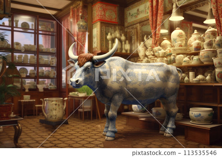 Realistic bull in a tea shop before a cup of tea. Realistic bull in a tea shop before a cup of tea. 113535546