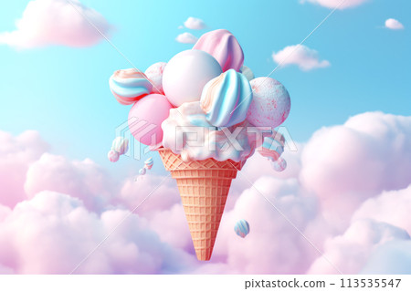 Futuristic composition with flying ice cream on a background of blue sky and pink fluffy clouds. Generated by AI. 113535547