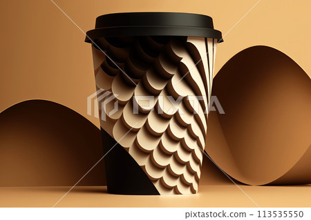 Graphic illustration of a disposable paper cup with a black lid. Paper cut style design. Generated by AI. Graphic illustration of a disposable paper cup with a black lid. Paper cut style design. Generated by AI. 113535550